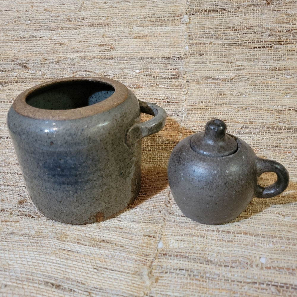 Set Of Two Coordinating Stoneware Art Pottery Vessels Grey